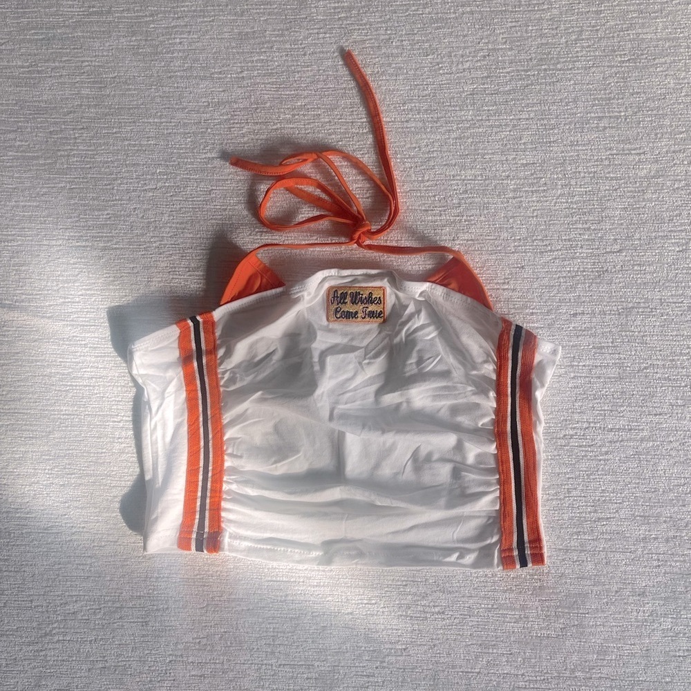 White Y2K Halter Crop Top with Orange & Black Stripe Detail - Large